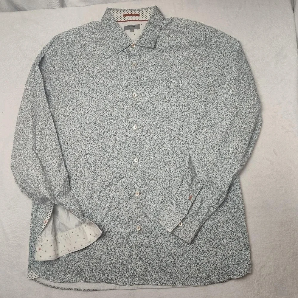 Ted Baker Shirt Mens XL White Blue‎ Floral Long Sleeve Button Up Casual